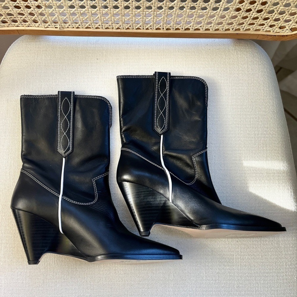 Zara Black Leather Western Boots Sculptural Wedge Heel Sz 7 SRPLS - Picture 4 of 11